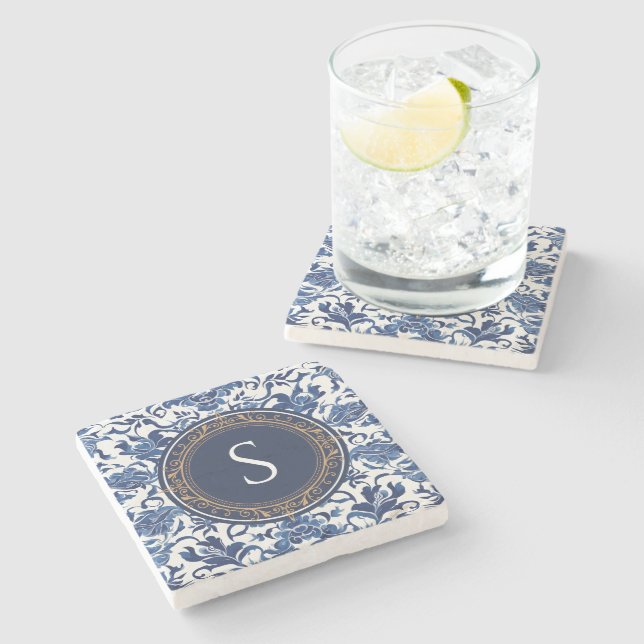 Posavasos De Piedra Chinoiserie francesa con toile azul y blanco (Lateral)