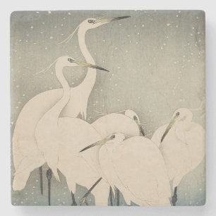 Posavasos De Piedra Chinoiserie Garza Blanca Patrón de Nieve de Invier