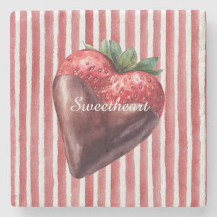 Posavasos De Piedra Chocolate Fresa Corazón Rayas Rojas y Blancas