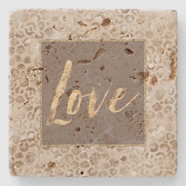 Posavasos De Piedra Chocolate Mocha Leopard Print Gold Love Square   (Anverso)