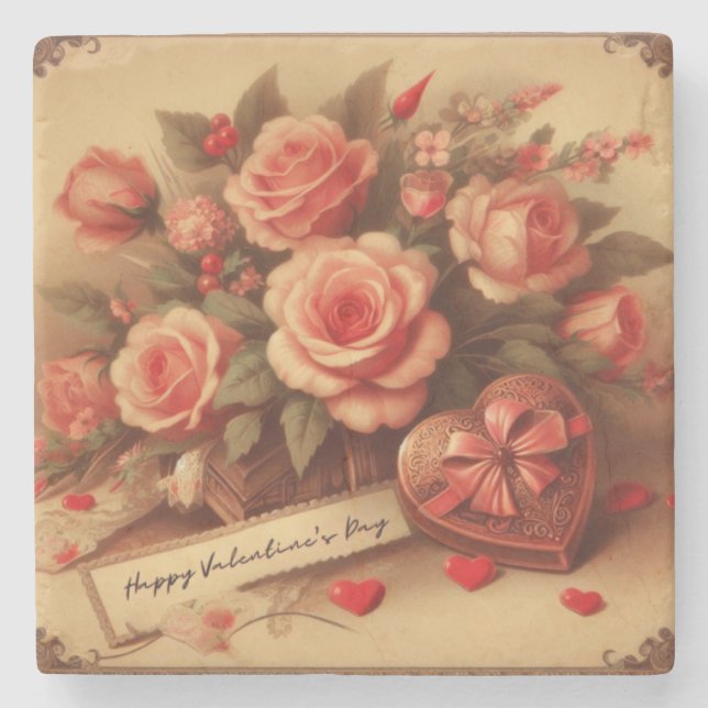 Posavasos De Piedra Chocolates y flores El día de San Valentín de époc (Anverso)