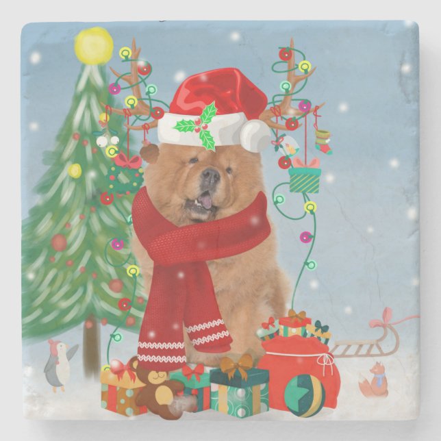 Posavasos De Piedra Chow Chow Dog en nieve con regalos de Navidades (Anverso)