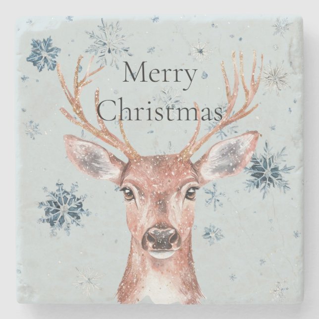 Posavasos De Piedra Christmas Green Blue Snowflakes Deer  (Anverso)