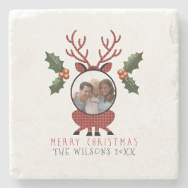 Posavasos De Piedra Christmas Plaid Reindeer with Personalized Photo