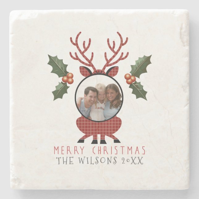 Posavasos De Piedra Christmas Plaid Reindeer with Personalized Photo (Anverso)