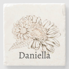 Posavasos De Piedra Chrysanthemum Black Line Drawing with Your Name 