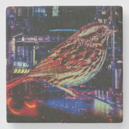 Posavasos De Piedra Ciberpunk Sparrow en Neon Cityscape