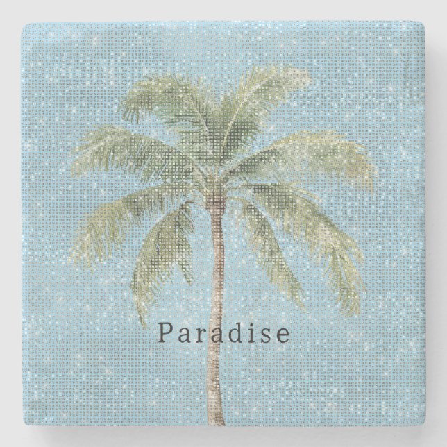 Posavasos De Piedra Cielo Azul Palma Tropical Brillo  (Anverso)