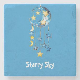 Posavasos De Piedra Cielo estrellado azul acuático estrellas amarillas