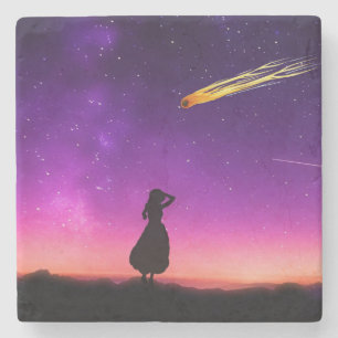 Posavasos De Piedra Cielo morado con un cometa que se estrella contra 