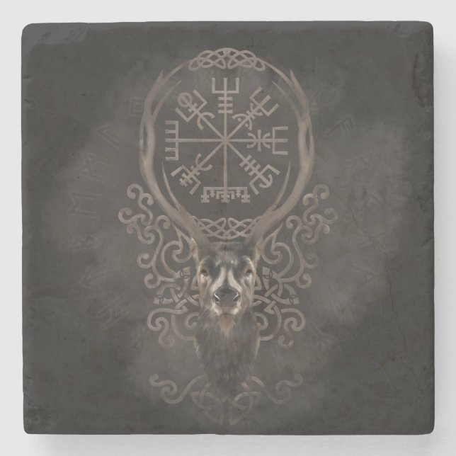 Posavasos De Piedra Ciervos y compás de la navegación de Vegvisir - de (Anverso)