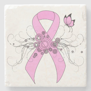 Posavasos De Piedra Cinta de sensibilización rosa con mariposa