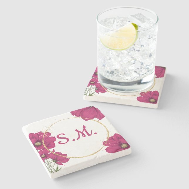 Posavasos De Piedra Círculo dorado floral rosa (Lateral)