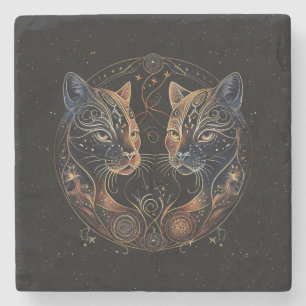 Posavasos De Piedra Círculo Felino Artístico Gatos Gemelos