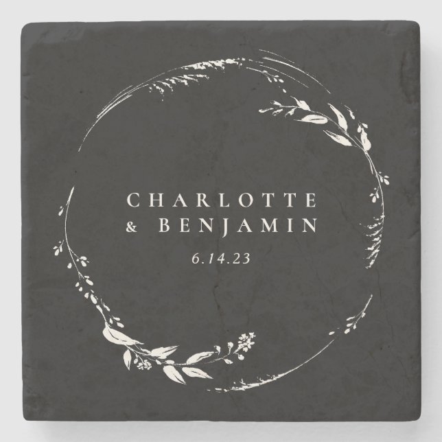 Posavasos De Piedra Círculo Floral Blanco Negro Monograma Personalizad (Anverso)