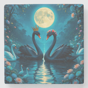 Posavasos De Piedra Cisnes negros elegantes bajo luna llena
