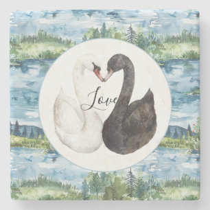 Posavasos De Piedra Cisnes románticos lirios de agua lago azul