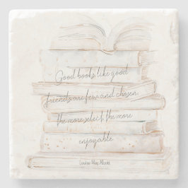 Posavasos De Piedra Cita de amistad y libros en acuarela blanca y dora