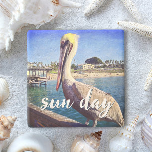 Posavasos De Piedra Cita de Sun Day de Pelican Bird Ocean Beach Pier