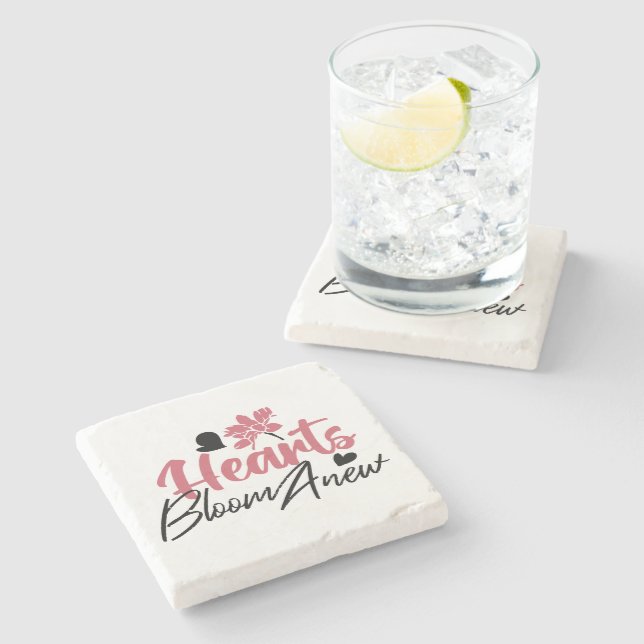 Posavasos De Piedra Cita floral Inspiradora con nuevos corazones (Lateral)