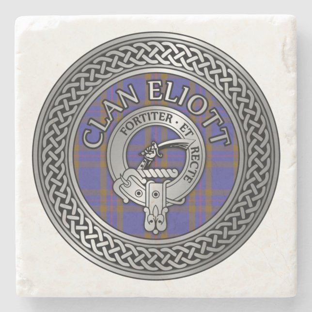 Posavasos De Piedra Clan Eliott Escudo y Tartan Knot (Anverso)