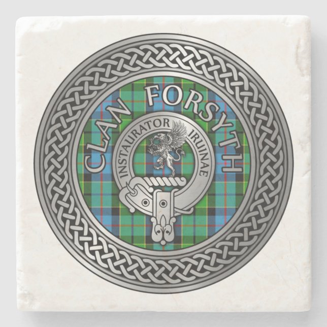 Posavasos De Piedra Clan Forsyth Escudo y Tartan Knot (Anverso)