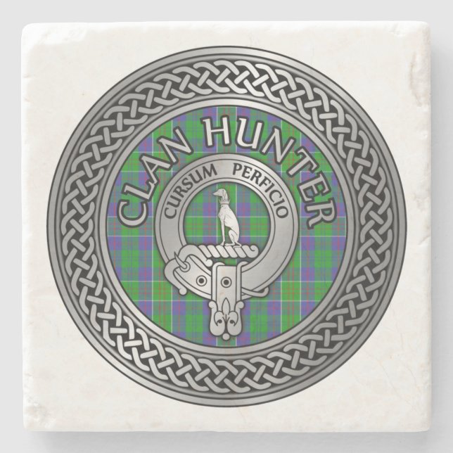 Posavasos De Piedra Clan Hunter Escudo y Tartan Knot (Anverso)