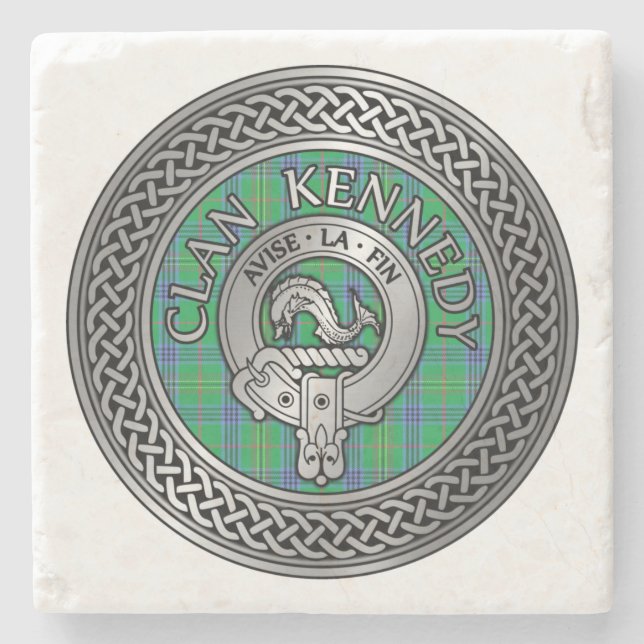 Posavasos De Piedra Clan Kennedy Escudo y Tartan Knot (Anverso)