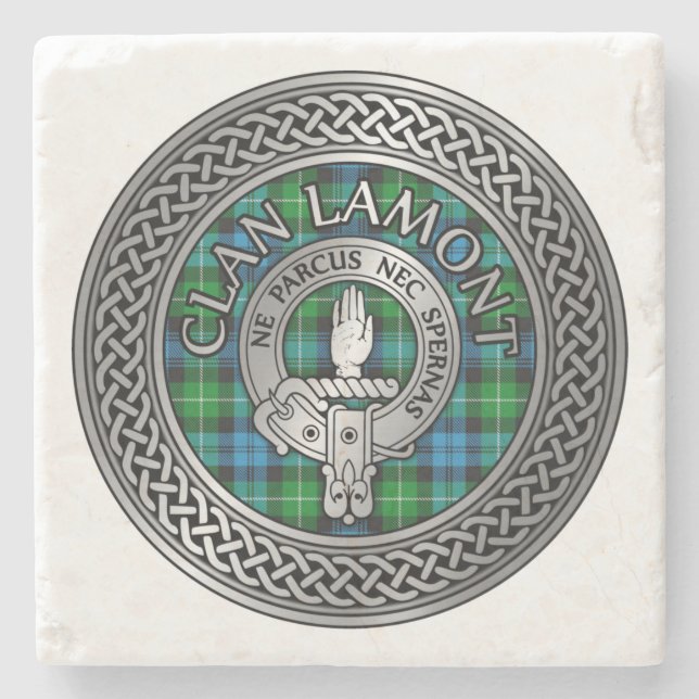 Posavasos De Piedra Clan Lamont Escudo y Tartan Knot (Anverso)