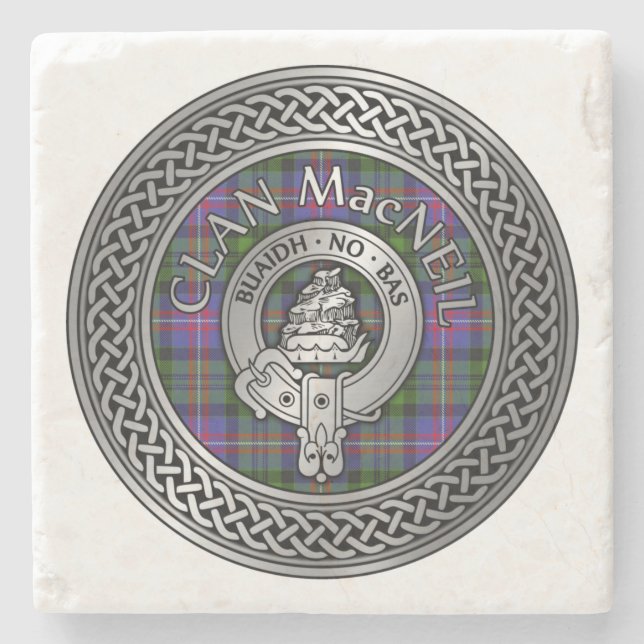 Posavasos De Piedra Clan MacNeil Escudo y Tartan Knot (Anverso)