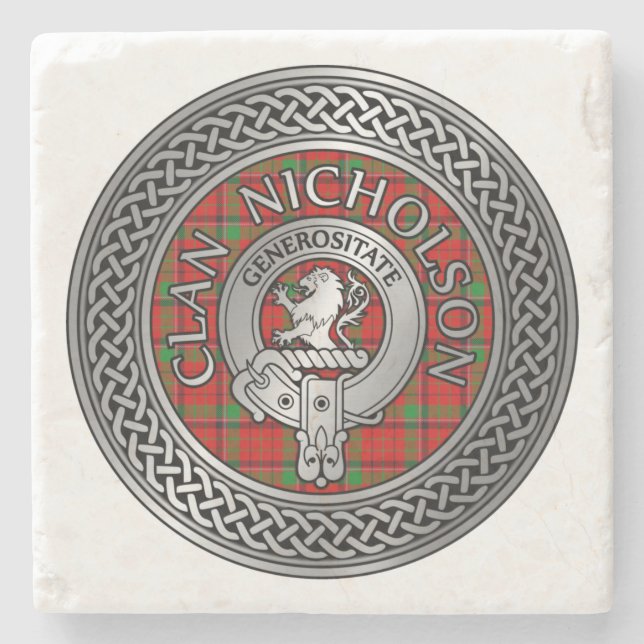Posavasos De Piedra Clan Nicholson Escudo y Tartan Knot (Anverso)