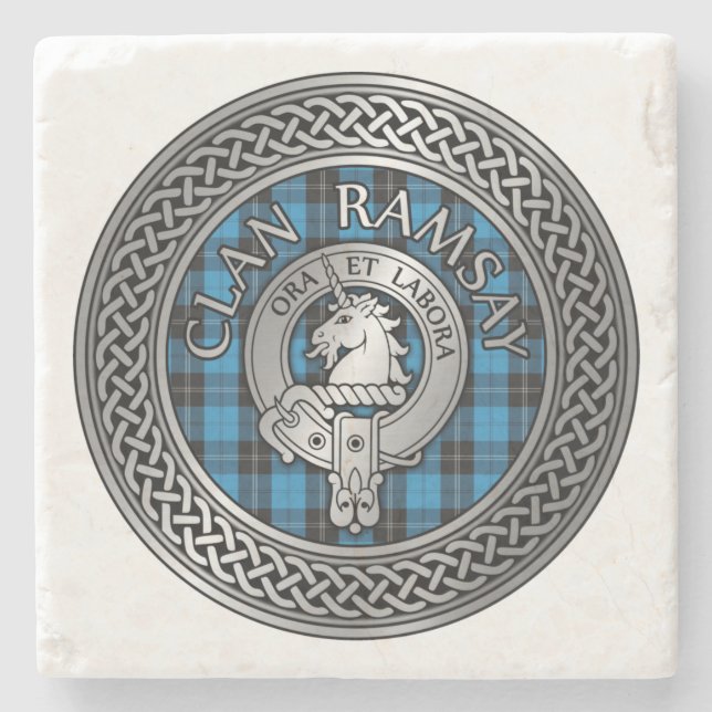 Posavasos De Piedra Clan Ramsay Escudo y Hunting Tartan Knot (Anverso)
