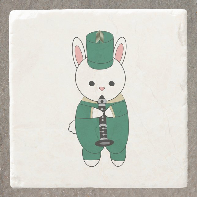 Posavasos De Piedra Clarinet Rabbit Marching Band Green Gold (A coaster with a white rabbit playing the clarinet in green and gold.)