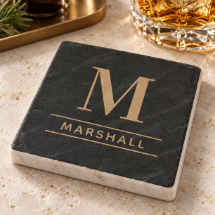 Posavasos De Piedra Clásico Cognac Tan Serif Monograma Nombre