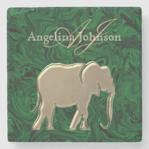 Posavasos De Piedra Clásico Elegante Elefante de Oro Mármol Verde Mono
