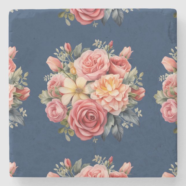 Posavasos De Piedra Classic Pink Roses Floral on a Blue Background (Anverso)