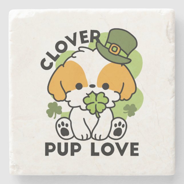 Posavasos De Piedra Clover Pup Love - Diseño de perros del Día de San  (Anverso)