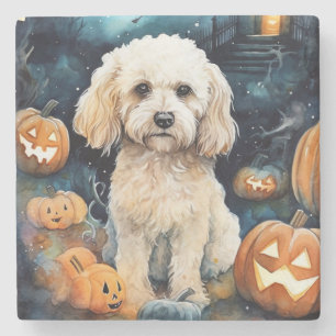 Posavasos De Piedra Cockapoo de Halloween con calabazas Espantoso 