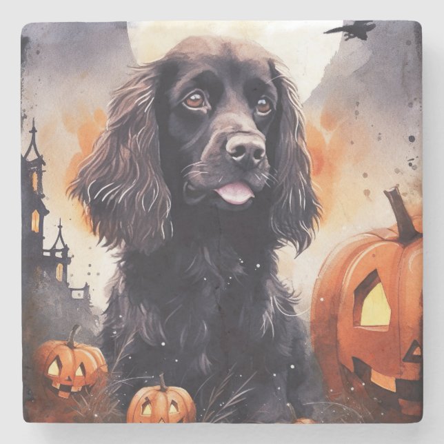 Posavasos De Piedra Cocker Spaniel de Halloween con calabazas (Anverso)