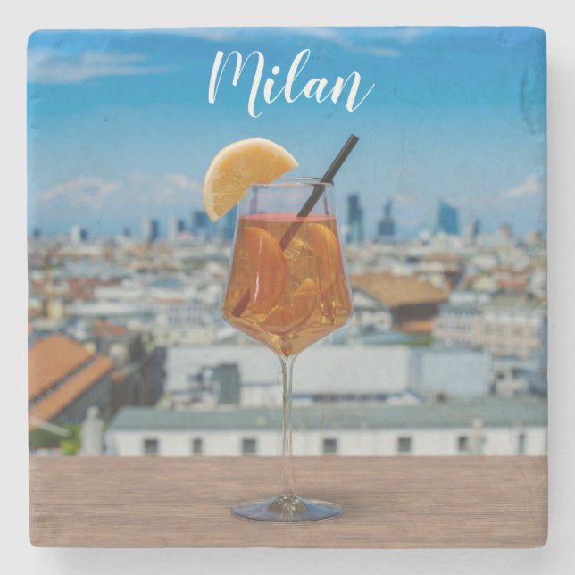 Posavasos De Piedra Cóctel Spritz en una mesa con vistas a Milán (Anverso)