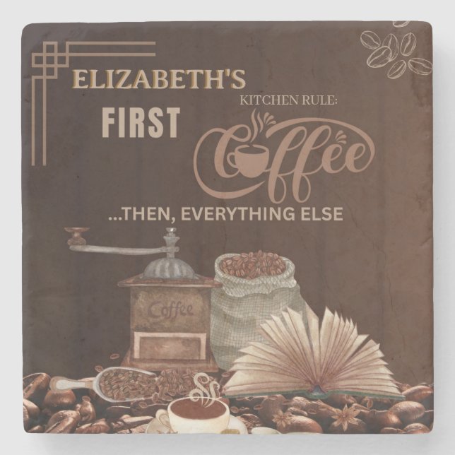 Posavasos De Piedra Coffee First Then Everything Else Kitchen Rule (Anverso)
