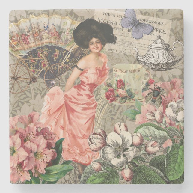 Posavasos De Piedra Coffee Lady Victorian Mujer Rosa Clásica (Anverso)