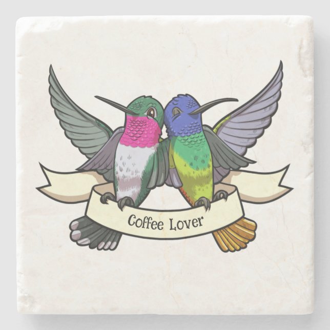 Posavasos De Piedra Coffee Lover Cute Hummingbirds Sujetando Cinta (Anverso)