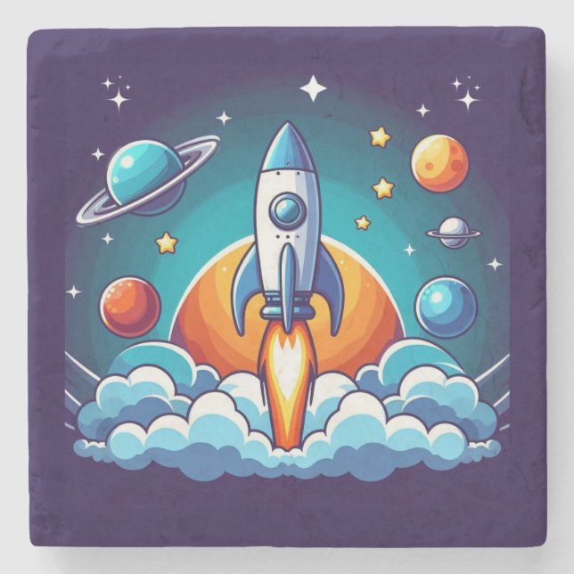 Posavasos De Piedra Cohete retro del espacio exterior (Anverso)