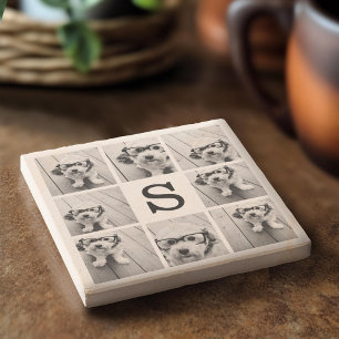 Posavasos De Piedra Colaje de fotos en blanco y negro con monograma