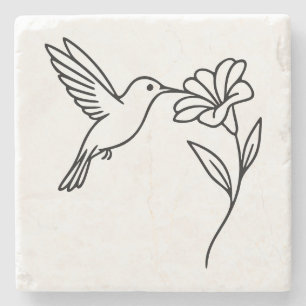 Posavasos De Piedra Colibrí y Flor – Arte Minimalista de Línea Negra