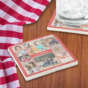 Posavasos De Piedra Collage de 8 fotos personalizadas Nombre de famili
