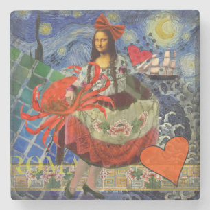 Posavasos De Piedra Collage Noche Estrellada de Mona Lisa: Surrealista