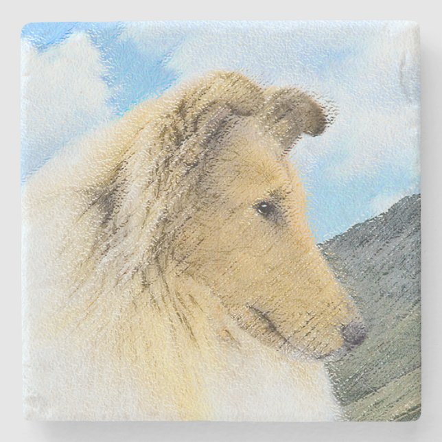 Posavasos De Piedra Collie in Mountains (Rough) Pintura - Perro Art (Anverso)