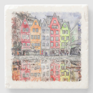 Posavasos De Piedra Cologne Alemania Dibujo a color de agua a mano